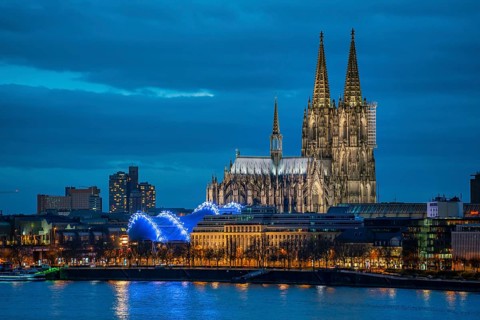 Skyline of Cologne, with the cathedral, Musical Dome theatre, on the Rhine, North Rhine-Westphalia,