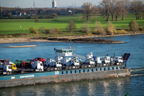 Cargo ship on the Rhine, near Krefeld, specialised freighter for vehicles, Vera/RoRo1 pushed
