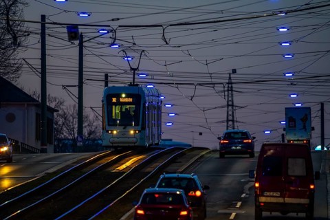 The Blue Ribbon, a light installation along Kurt-Schumacher-Straße, in Gelsenkirchen Schalke, 2.7
