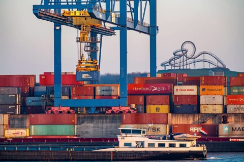 Container Handling Centre, Gateway West Terminal, Logport 2, cargo ship, in Duisburg on the Rhine,