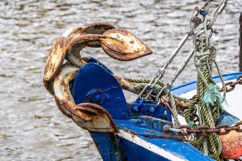 Rusty anchor of a fishing boat, harbour, Bremerhaven, Lower Saxony, Germany, Europe