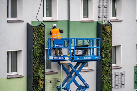 Installation of façade greenery on 4 apartment blocks on Gladbecker Straße, B224, to filter