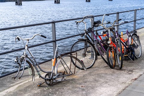 Bicycle scrap, old, partly looted, dismantled bicycles, in the HafenCity in Hamburg, on the shore