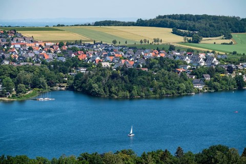 Lake Möhne, reservoir in the northern Sauerland, northern shore, the village of Körbecke, North