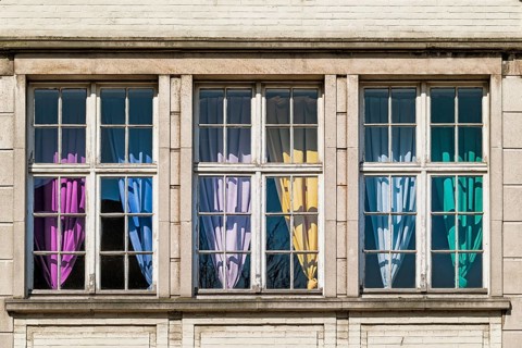 Window with curtains in primary colours, colour design, printing colours, colour, colourful,