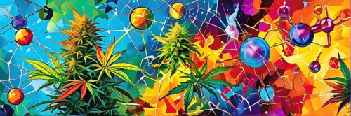 Abstract painting of chemical structure of thc and cbd interlocking geometric shapes, AI generated