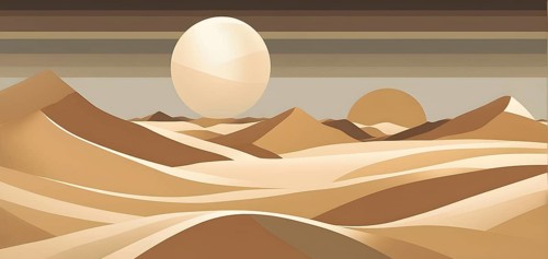 Abstract desert scene with triangular sand dunes and a single circular sun, using sharp lines and