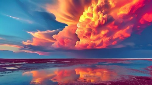 AI generated painting of a surreal landscape with mountains and a lake with digital brush strokes