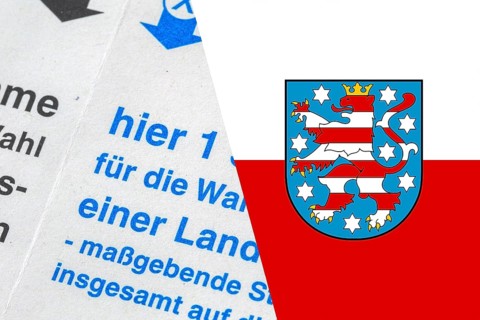 Symbolic image of the state election in Thuringia: Flag of Thuringia and close-up of a ballot paper