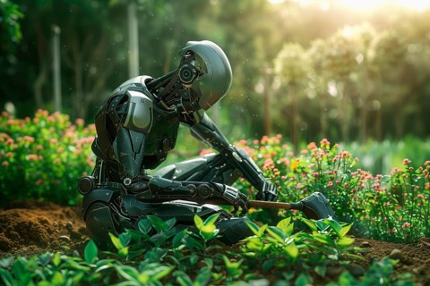 Humanoid robot gardening on knees, AI generated