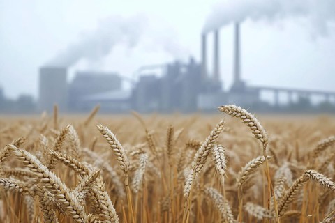 Gricultural grain field with factory with grey fumes in background. Generative Ai, AI generated