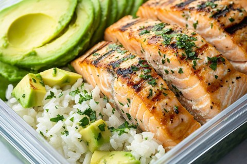Meal prep with healthy grilled salmon fish, avocado and rice. Generative Ai, AI generated