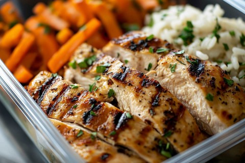 Close up of meal prep with healthy grilled chicken breast, carrots and rice. Generative Ai, AI