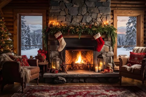 Traditional stone fireplace decorated for Christmas, with garlands, stockings, and candles, set in