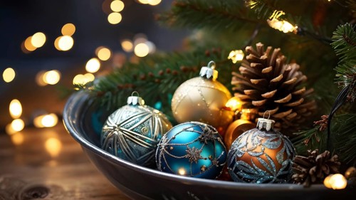 Christmas tree ornaments in a bowl, featuring a mix of glass baubles, pine cones, and fairy lights,