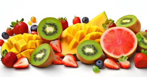Colorful and artfully arranged slices of fruits like mangoes, strawberries, and kiwi, AI generated