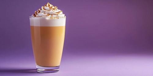 Glass with seasonal pumpkin spice latte on violet background with copy space. Generative Ai, AI