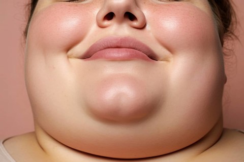 Close up of round double chin of obese smiling woman. KI generiert, generiert AI generated