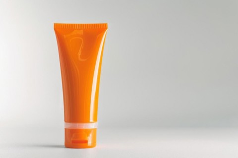 Orange sunscreen tube on white studio background with copy space. KI generiert, generiert, AI