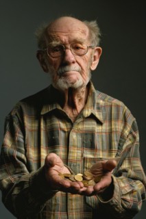 An elderly man holds coins in both hands and looks sadly into the camera, symbolising poverty in