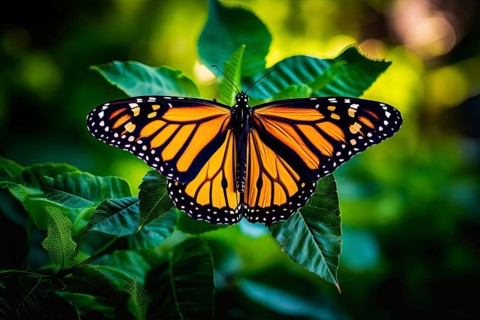 Stylized beautifully multicolored yellow monarch butterfly on natural leaves environment, AI