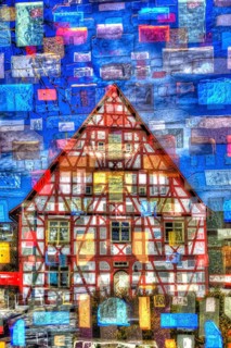 Creative shot, half-timbered house, alienated, glass blocks, creative, colourful, colourful, all