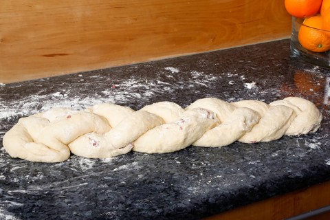 Swabian cuisine, preparation of hearty yeast plait with smoked meat, salty wreath bread, yeast