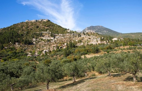 Byzantine ruined city of Mystras or Mistra on the Taygetos Mountains, UNESCO World Heritage Site,