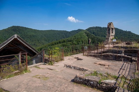 Upper platform of Fleckenstein Castle in Alsace France with a view of the Vosges mountains and the