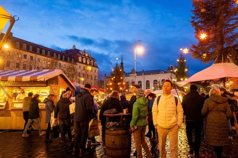 The historic Christmas market on the Neumarkt in front of the Church of Our Lady, Dresden, Saxony,