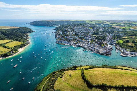 Salcombe and Mill Bay over Kingsbridge Estuary from a drone, Batson Creek, Southpool Creek, Devon,