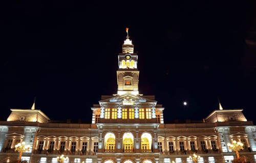 Banat, city of Arad, city centre, city hall at night, illuminated, Romania, Europe