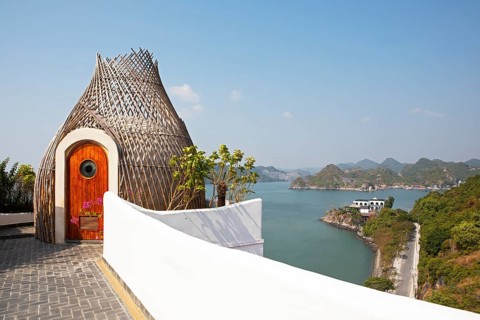 Spa cottage at the Hotel Perle d'Orient, with Cat Ba Island and the karst rocks of Lan Ha Bay in