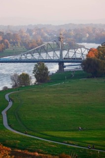View to the bridge Blaues Wunder, autumn, Dresden, Saxony, Germany, Europe