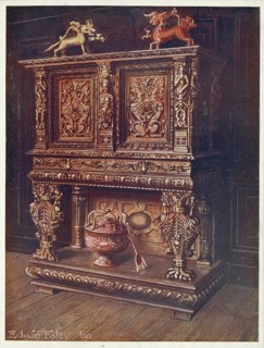 Furniture around the turn of the century 1900, Sideboard in bourgouignon style with carvings (1910,
