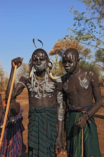 South Ethiopia, in Maco National Park, Mursi tribe, two Mursi boys with painted faces, Ethiopia,