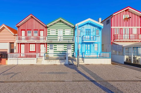 Traditional wooden striped houses, Costa Nova do Prado, Aveiro, Portugal, Europe