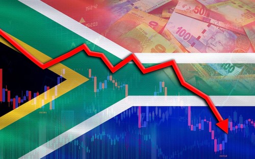 Financial fall of South Africa on economy market. South Africa financial crisis on economic graph