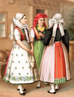 Traditional costumes in Germany around 1820, Province of Prussia, Spreewald, Three woman in