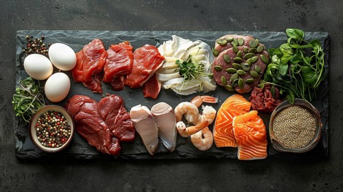 All meat, fish and eggs platter overhead. generative AI, AI generated
