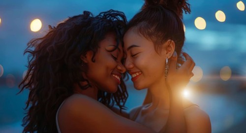 Interracial lesbian LGBTQ couple with long hair and smiling. Concept of inclusivity, AI generated