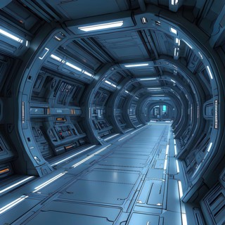 Three dimensional render of futuristic corridor inside a spaceship or space station, AI generated