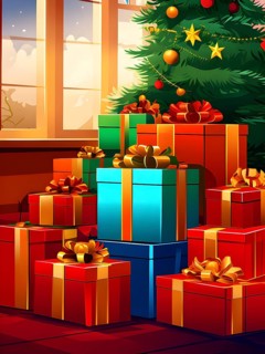 Abstract illustration of wrapped Christmas gifts, shiny ribbons and bows, stacked under a evergreen