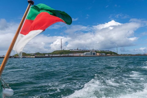 View from south-east to harbour facilities, Unterland and Oberland, offshore island Heligoland,