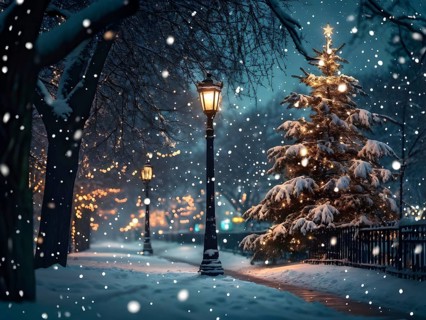 Christmas Eve with snowflakes fall under the light of a streetlamp with a decorated tree in the