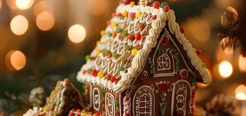Gingerbread house decorations, focusing on the intricate icing details, colorful candy, and soft,