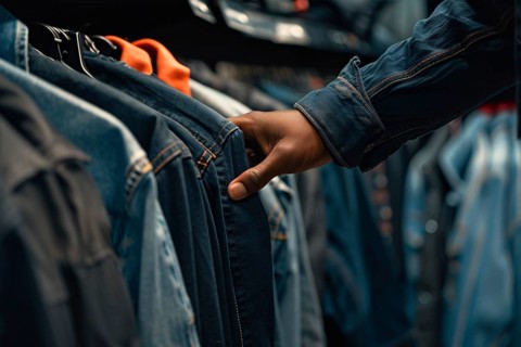 Hand browsing through rack full of shirts in clothing shop. Generative Ai, AI generated