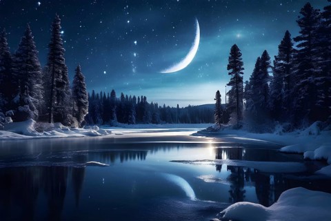 Tranquil winter night scene with a crescent moon and stars shining brightly over a frozen lake,