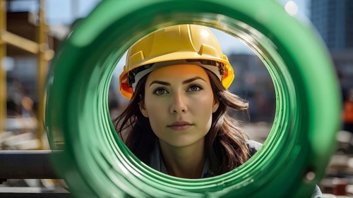 Portrait of a female construction worker wearing a yellow helmet, AI generated