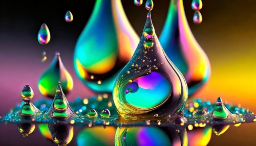 Colourful iridescent plastic drops and bubbles filled with oily liquids, 3D, digital art, AI